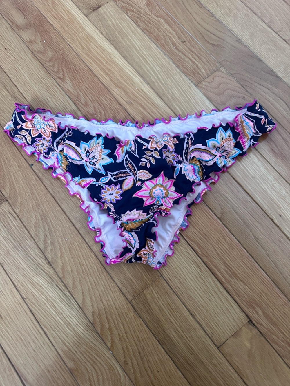 Shade & Shore Navy Floral Bikini Bottom with Pink Trim Size XL